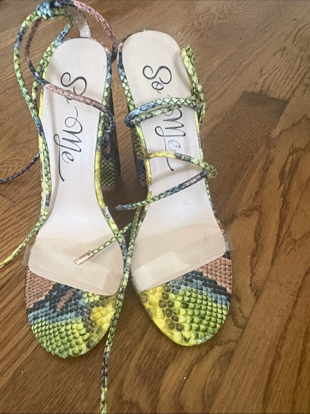 So Me Yellow Green Multi-Color Snake-Print Lace-Up Heels
